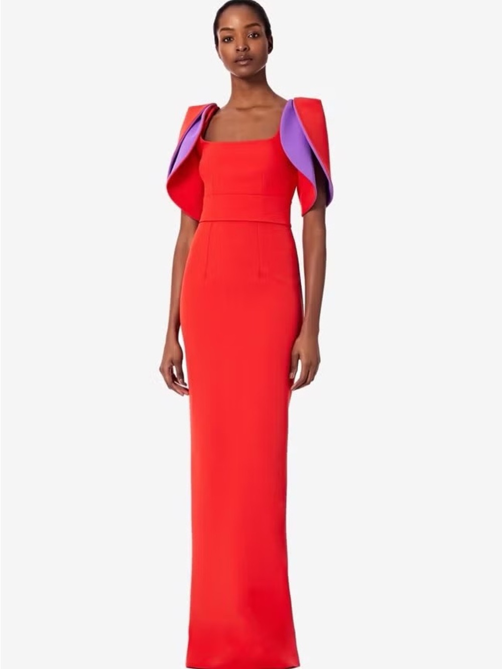 Safiyaa Red Maxi Column Dress with Sculpted Purple-Trim Sleeves